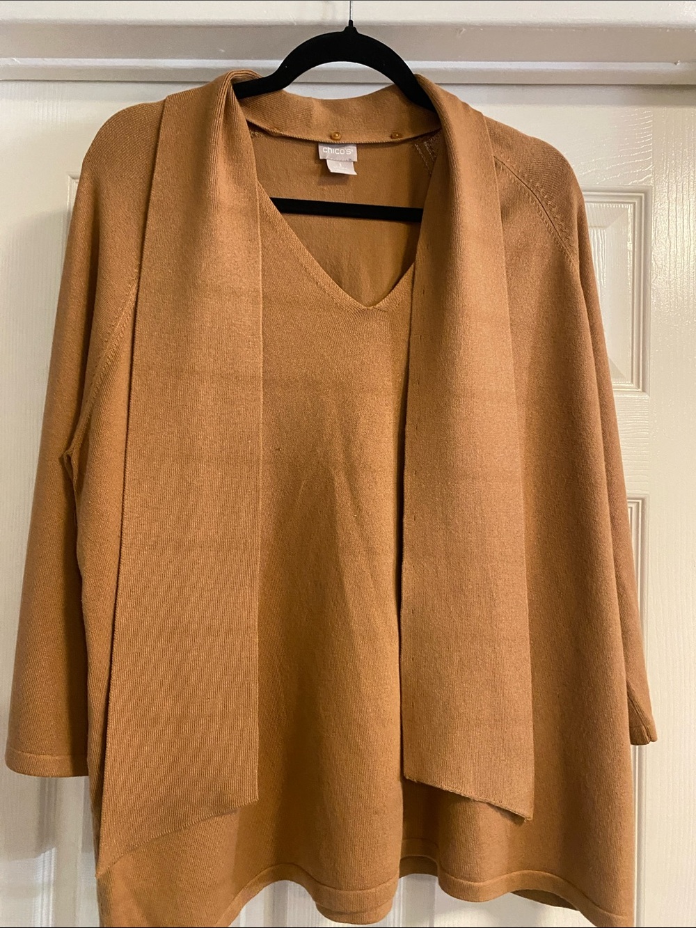 Chico's Caramel/Tan V-Neck Sweater with Scarf Detail size 3